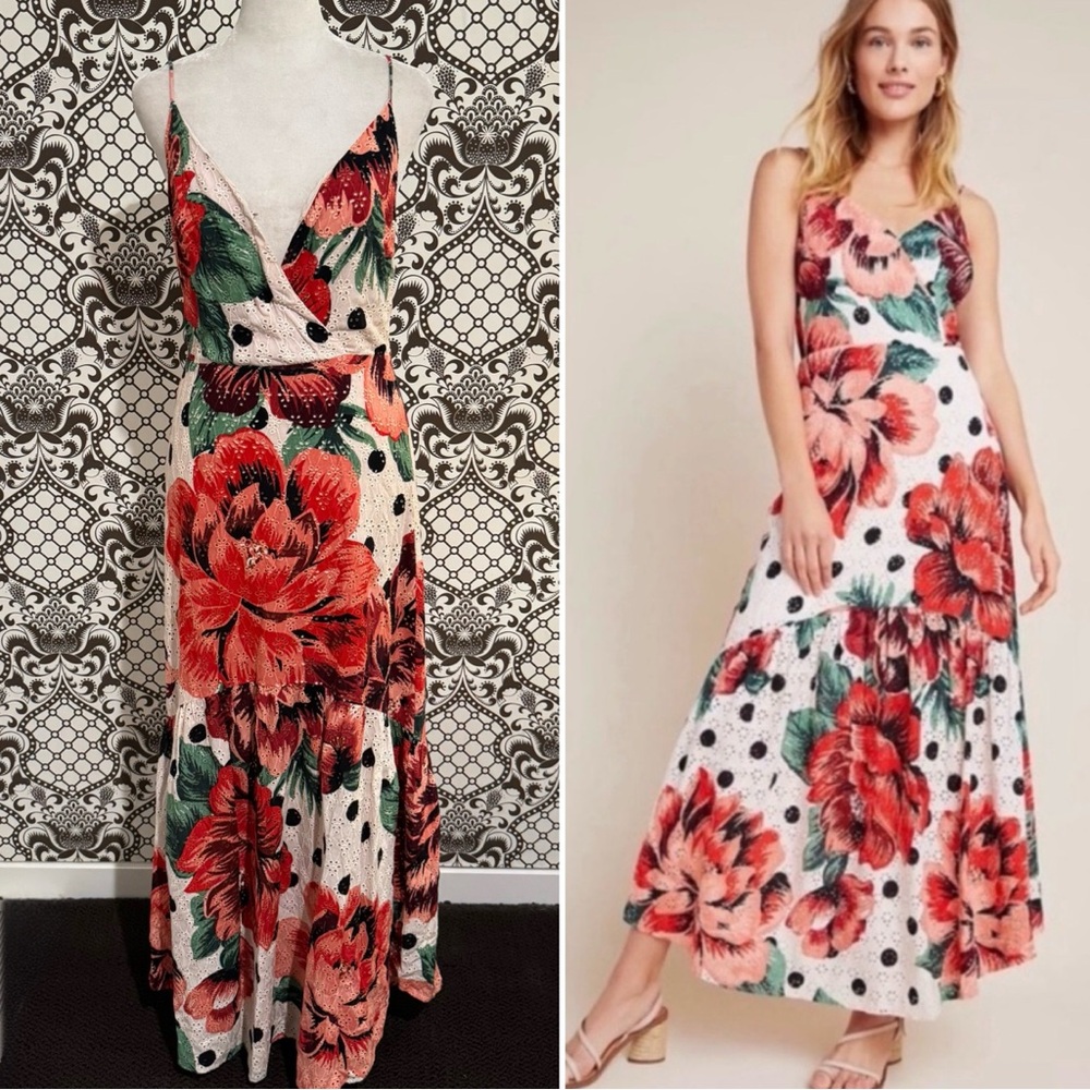 FARM RIO ✨ ANTHRO eyelet lace smock floral print cotton maxi dress | Sz 2 XS S